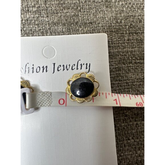 Vtg Gold Tone Black Stone Flower Stud Earrings Womens Fashion Jewelry - Picture 3 of 3